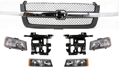 7-Piece Kit, Grille Painted Gray, Includes (1) Grille Shell and Insert, (2) Headlight, (2) Headlight Bracket, and (2) Turn Signal Light For 2003-2006 Chevrolet Silverado 1500 2500