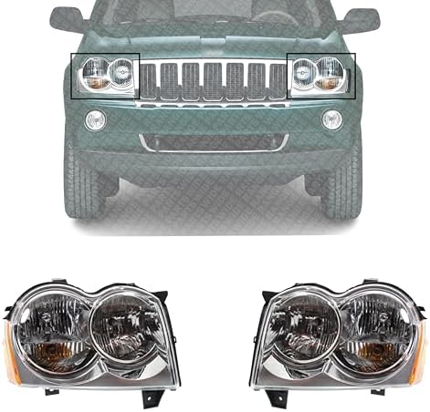 Driver and Passenger Side Halogen Headlight, OE Comparable Finish For 2005-2007 Jeep Grand Cherokee