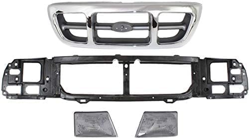 4-Piece Kit, Grille Chrome Shell with Painted Gray Insert, 4WD, Includes (1) Grille Shell and Insert, (1) Header Panel, and (2) Headlight For 1998-2000 Ford Ranger