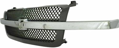 Front Grille Mesh Gray with Chrome Center Bar for 2003-2006 Chevrolet Avalanche 1500, 2003-2007 Silverado 1500 & More
