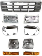 9-Piece Front Grille Kit: Chrome Grille Shell & Plastic Insert, Bezels, Head Lamp & Signal & Corner Light (Left & Right) for 1992-1997 Ford F-250, 1992-1996 Bronco & More