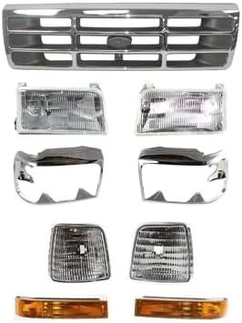 9-Piece Front Grille Kit: Chrome Grille Shell & Plastic Insert, Bezels, Head Lamp & Signal & Corner Light (Left & Right) for 1992-1997 Ford F-250, 1992-1996 Bronco & More
