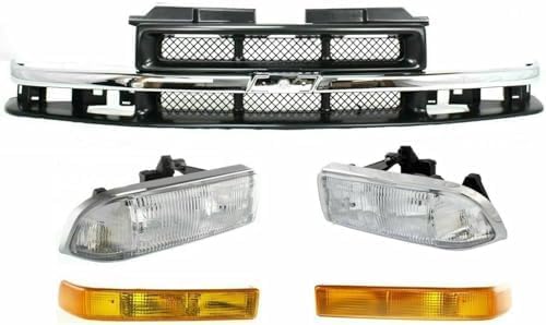 5-Piece Front Grille Kit: Primed Grille with Chrome Center Bar, Signal Lamp & Head Lights (Left & Right) for 1998-2004 Chevrolet S10 & 1998-2004 Blazer