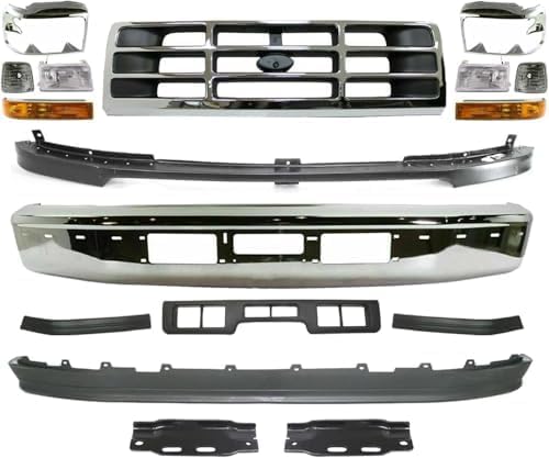 Front Bumper Chrome + Moldings + Grille + Lower Valance + Brackets + Headlight Kit Left & Right Side for 1993-1997 Ford F-350, 1992-1996 F-150 & More