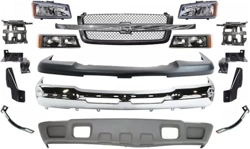 13-Piece Front Bumper Kit: Bumper, Textured Upper Cover, Lower Valance, Grille, Brackets, Headlight & Signal Lamp (Left & Right) for 2003-2006 Chevrolet Avalanche 1500, 2003-2007 Silverado 1500 & More