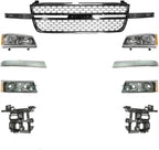 9-Piece Front Grille Kit: Grille, Chrome Moldings, Signal Lamp, Head Lights & Support Brackets (Left & Right) for 2003-2007 Chevrolet Silverado 2500 HD & 2003-2007 Silverado 3500