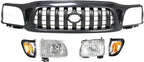 10-Piece Front Bumper Kit: Bumper, Grille, Upper Cover, Lower Valance, Headlights, Fillers & Park Lamp & Signal Lights (Left & Right) for 2001-2004 Toyota Tacoma