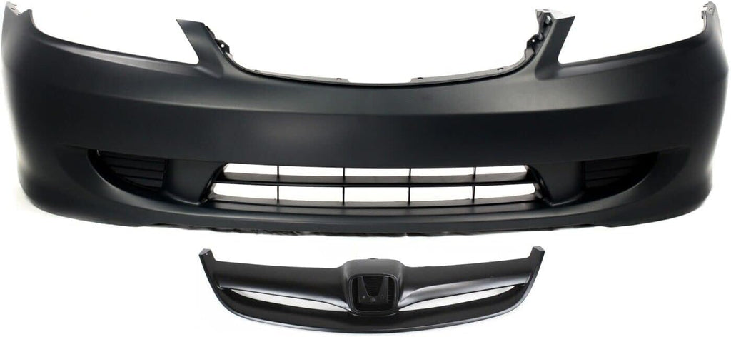 2-Piece Front Bumper Cover Kit: Primed Bumper Cover & Painted Black Grille Shell & Insert for 2004-2005 Honda Civic