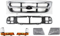 Front Grille Chrome Shell & Insert + Header Panel Thermoplastic and Fiberglass + Headlights + Corner Lamps Left & Right Side for 1998-2000 Ford Ranger
