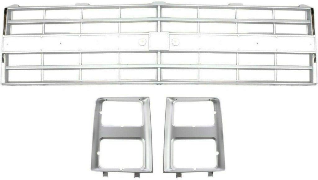 Wrp New Front Silver Grille Shell & Insert with Molding Holes + Head Lamp Door Left Driver & Right Passenger Side