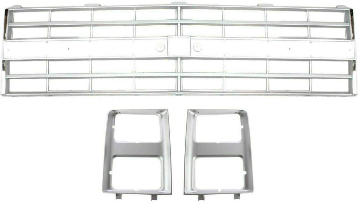 Wrp New Front Silver Grille Shell & Insert with Molding Holes + Head Lamp Door Left Driver & Right Passenger Side