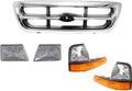 Front Grille Chrome Shell & Insert + Headlights Assembly + Corner Lamps Left Driver & Right Passenger Side for 1998-2000 Ford Ranger