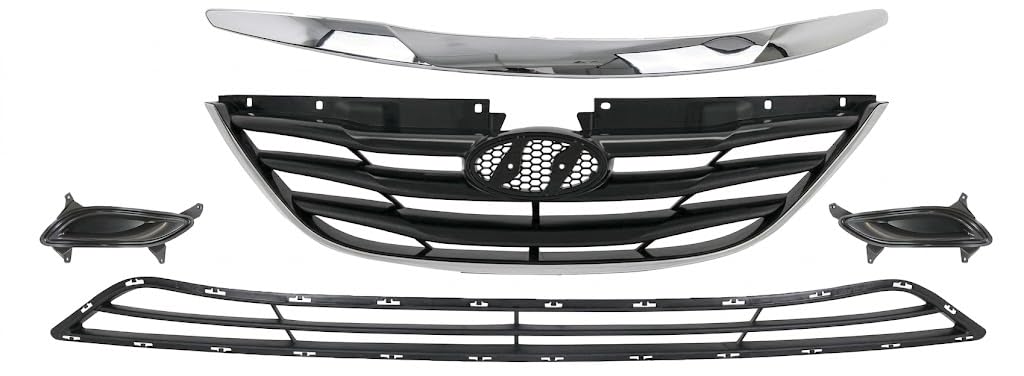 Front Upper & Lower Grille Primed + Hood Molding Chrome + Fog Light Cover Right Passenger & Left Driver Side for 2011-2013 Hyundai Sonata