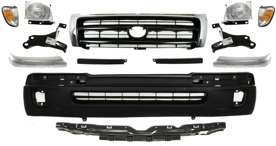 13-Piece Front Bumper Cover Kit: Bumper Cover, Reinforcement, Grille, Headlight Filler, Brackets, End Trims & Corner & Head Lights (Left & Right) for 1998-2000 Toyota Tacoma