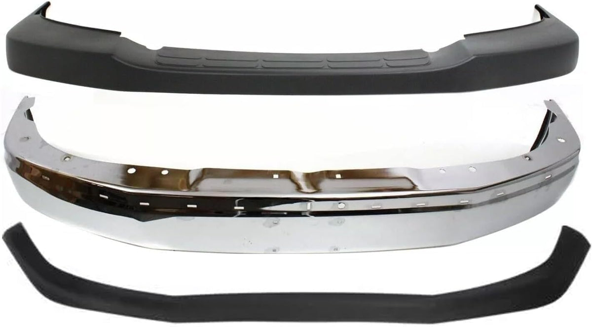7-Piece Front Bumper Kit: Chrome Bumper Steel, Upper Cover, Textured Lower Valance, Brackets & Outer Brace for 2003-2017 Chevrolet Express 2500, 2003-2017 GMC Savana 2500 & More