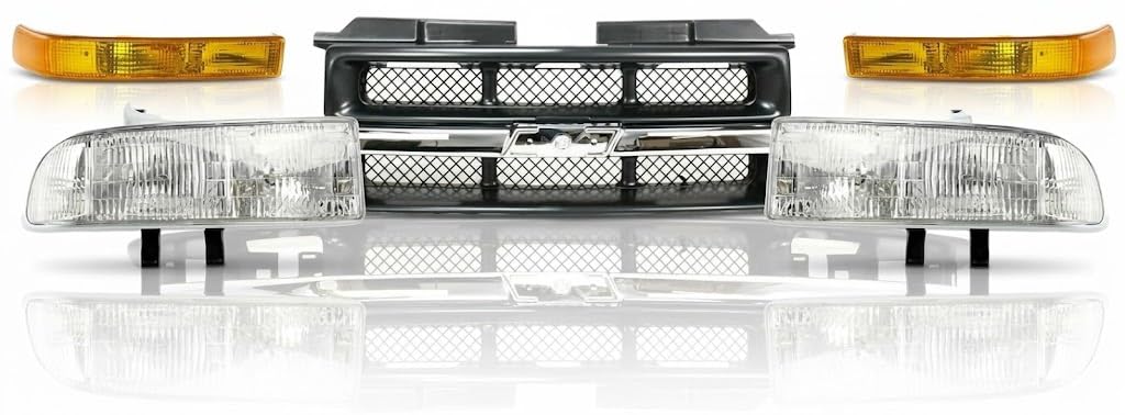 Front Grille Primed with Chrome Center Bar + Signal Lamp + Head Lights Left Driver & Right Passenger Side for 1998-2004 Chevrolet S10 & 1998-2004 Blazer