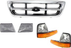 5-Piece Front Grille Kit: Chrome Grille Shell & Insert, Header Panel Thermoplastic and Fiberglass, Headlights & Corner Lamps (Left & Right) for 1998-2000 Ford Ranger