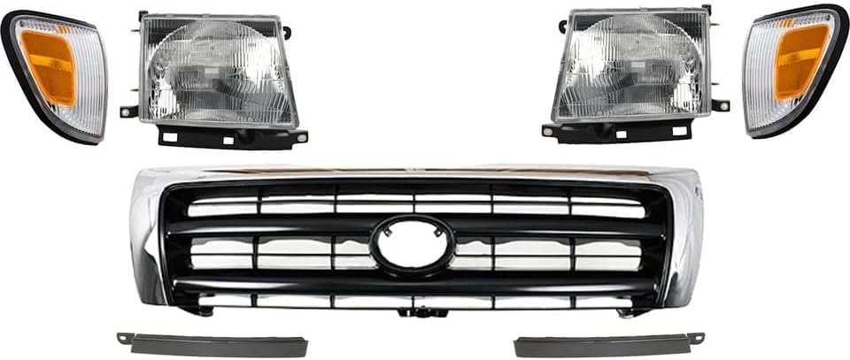 7-Piece Front Grille Kit: Chrome Grille Shell Painted & Dark Argent Insert, Fillers, Corner Lights, Headlights & Brackets (Left & Right) for 1998-2000 Toyota Tacoma