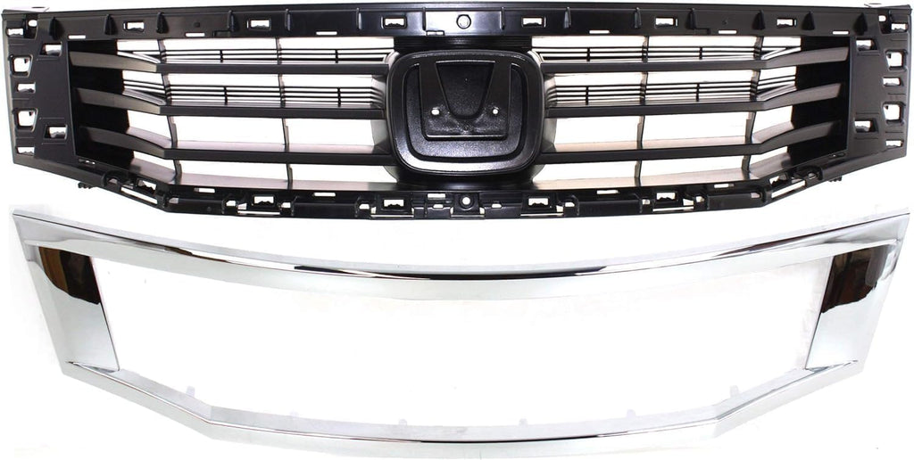2-Piece Front Bumper Cover Kit: Primed Bumper Cover & Primed Grille Shell & Insert with Chrome Molding for 2008-2010 Honda Accord