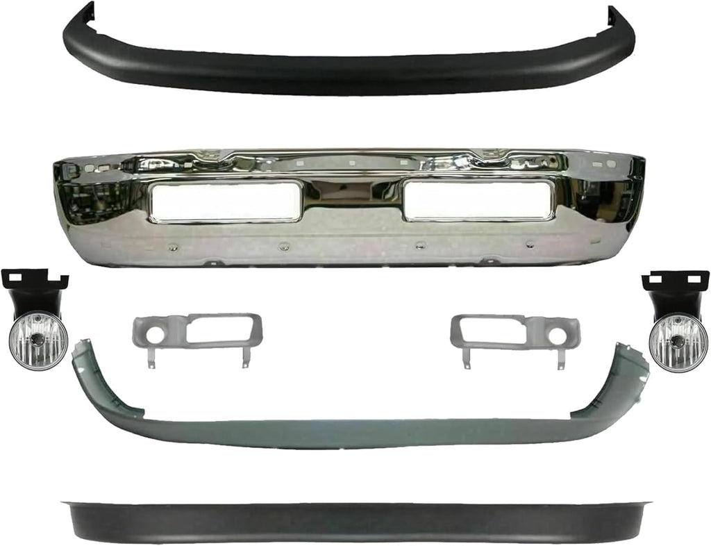 12-Piece Front Bumper Kit: Chrome Bumper, Upper & Lower Cover, Textured Valance, Inner & Outer Bracket, Fog Light & Bezels (Left & Right) for 1994-2001 Dodge Ram 1500, 1994-2002 Ram 2500 & More