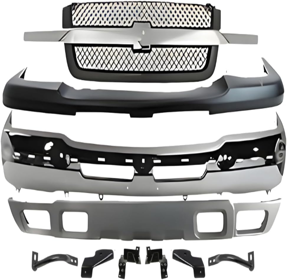 10-Piece Front Bumper Kit: Chrome Bumper, Grille Mesh with Chrome Center Bar, Upper Cover, Textured Valance & Bracket for 2002-2006 Chevrolet Avalanche 1500, 2003-2007 Silverado 1500 & More