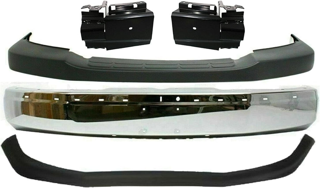 5-Piece Front Bumper Kit: Chrome Bumper Steel, Upper Cover, Textured Lower Valance & Bracket (Left & Right) for 2003-2014 GMC Savana 1500, 2003-2017 Savana 2500 & More