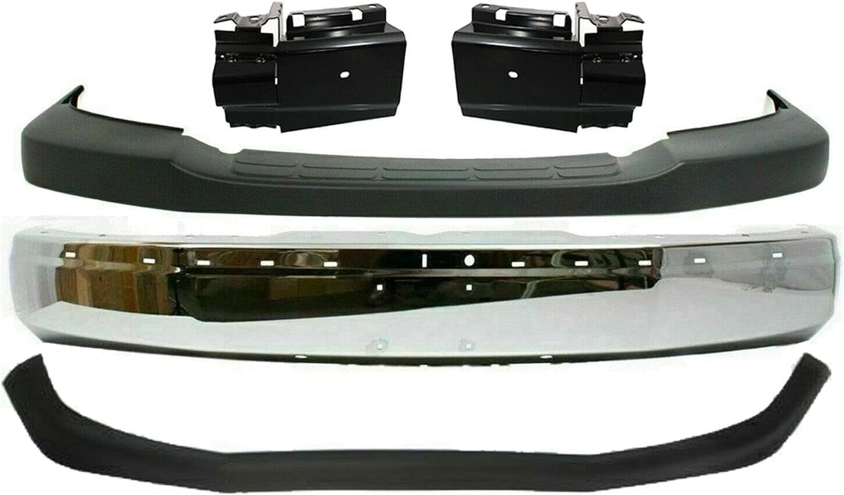 5-Piece Front Bumper Kit: Chrome Bumper Steel, Upper Cover, Textured Lower Valance & Bracket (Left & Right) for 2003-2014 GMC Savana 1500, 2003-2017 Savana 2500 & More