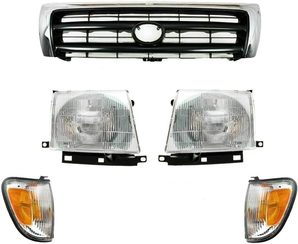 7-Piece Front Grille Kit: Chrome Grille Shell Painted & Dark Argent Insert, Fillers, Corner Lights, Headlights & Brackets (Left & Right) for 1998-2000 Toyota Tacoma