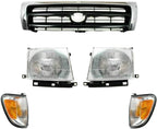 7-Piece Front Grille Kit: Chrome Grille Shell Painted & Dark Argent Insert, Fillers, Corner Lights, Headlights & Brackets (Left & Right) for 1998-2000 Toyota Tacoma