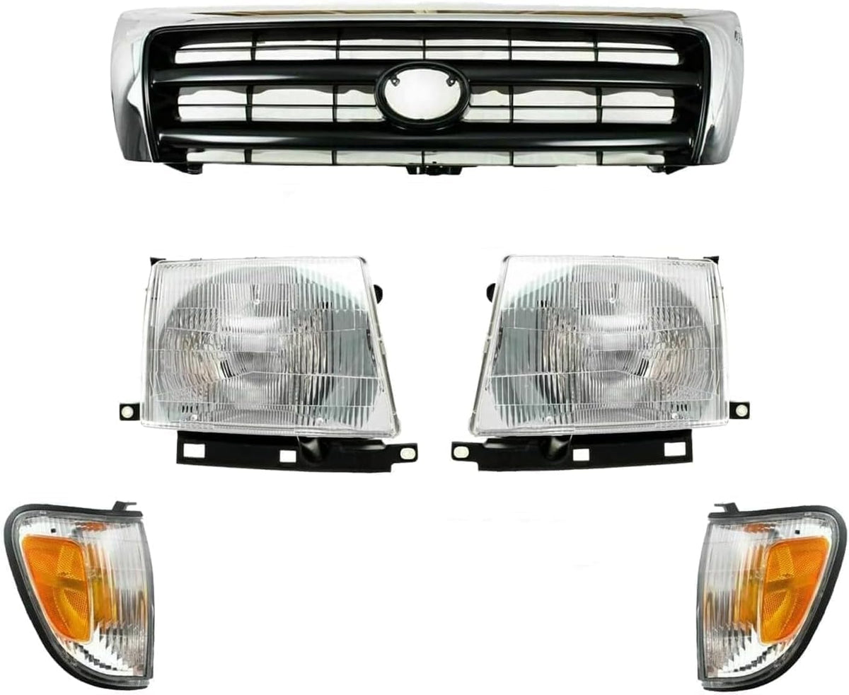 7-Piece Front Grille Kit: Chrome Grille Shell Painted & Dark Argent Insert, Fillers, Corner Lights, Headlights & Brackets (Left & Right) for 1998-2000 Toyota Tacoma