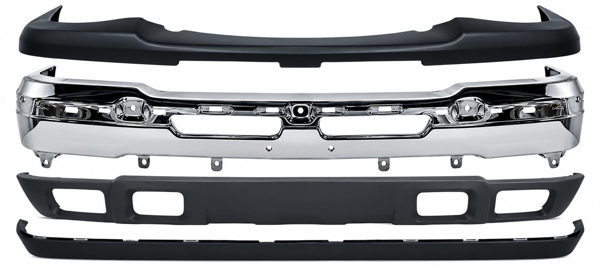 Front Bumper Chrome Steel + Upper Cover + Lower Valance + Extension Textured for 2002-2006 Chevrolet Avalanche 1500, 2003-2007 Silverado 1500 & More