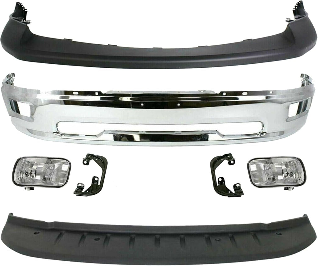 7-Piece Front Bumper Kit: Chrome Bumper, Textured Upper Cover, Primed Lower Valance & Fog Lights with Brackets (Left & Right) for 2011-2012 Ram 1500 & 2009-2010 Dodge Ram 1500