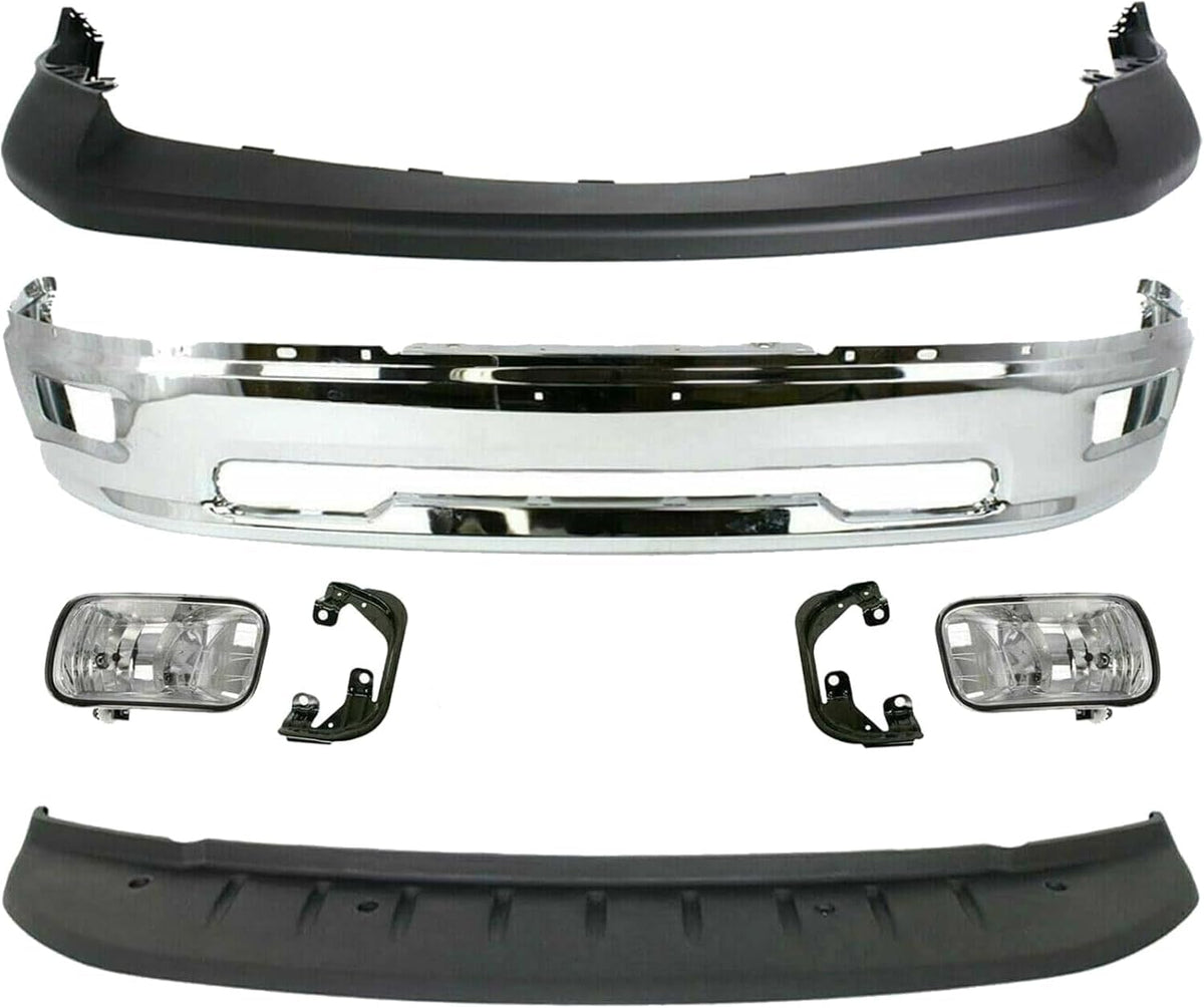 7-Piece Front Bumper Kit: Chrome Bumper, Textured Upper Cover, Primed Lower Valance & Fog Lights with Brackets (Left & Right) for 2011-2012 Ram 1500 & 2009-2010 Dodge Ram 1500