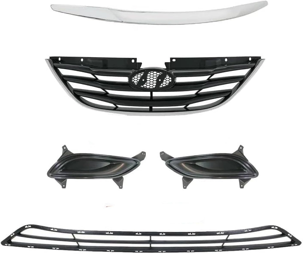 5-Piece Front Grille Kit: Primed Upper & Lower Grille, Chrome Hood Molding & Fog Light Cover (Left & Right) for 2011-2013 Hyundai Sonata