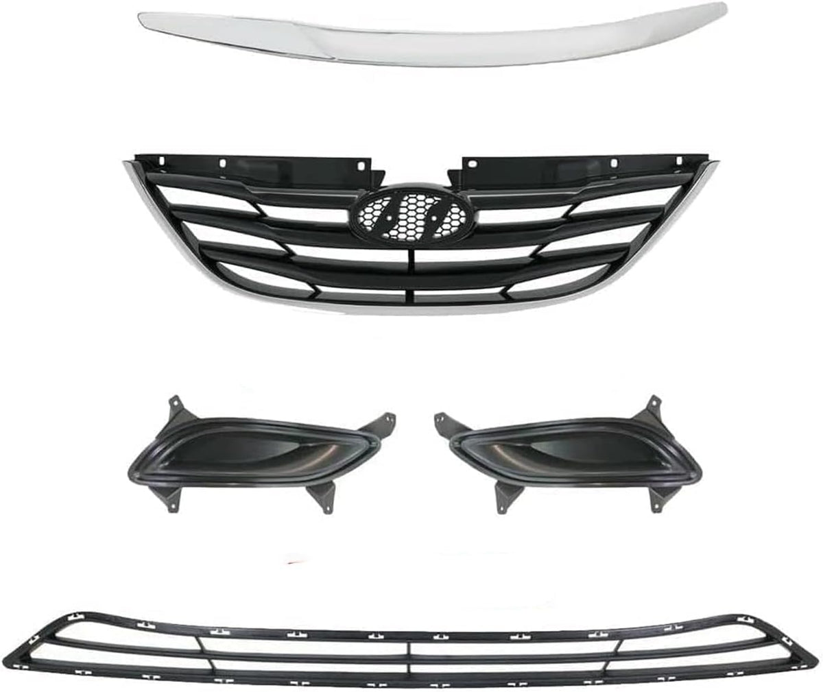 5-Piece Front Grille Kit: Primed Upper & Lower Grille, Chrome Hood Molding & Fog Light Cover (Left & Right) for 2011-2013 Hyundai Sonata
