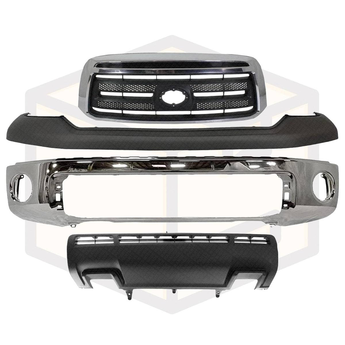 4-Piece Front Bumper Kit: Bumper Chrome Face Bar Steel, Primed Upper Cover, Textured Lower Valance Panel & Grille Assembly for 2010-2013 Toyota Tundra