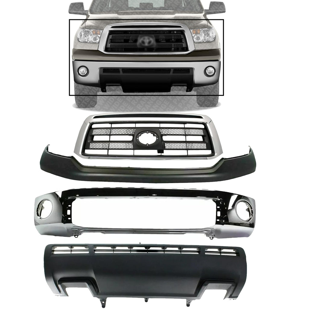 Front Bumper Face Bar Chrome Steel + Upper Cover Primed + Lower Valance Panel Textured + Grille Assembly for 2010-2013 Toyota Tundra
