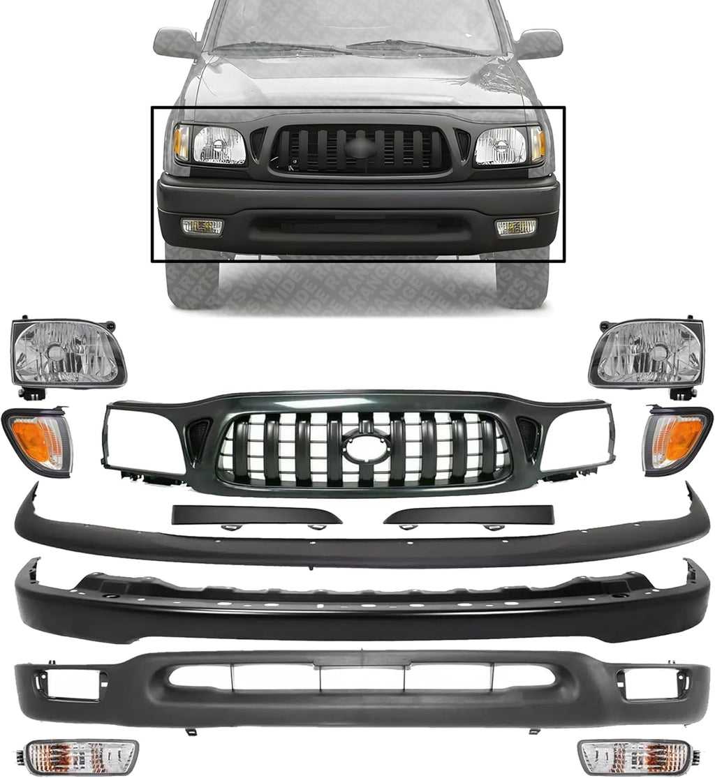 Front Bumper + Grille + Upper + Valance + Fillers + Headlight + Signal & Corner Lamp Left & Right Side for 2001-2004 Toyota Tacoma