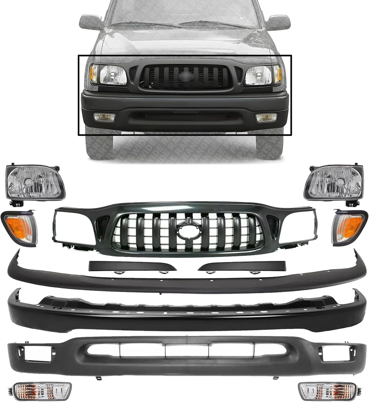 Front Bumper + Grille + Upper + Valance + Fillers + Headlight + Signal & Corner Lamp Left & Right Side for 2001-2004 Toyota Tacoma