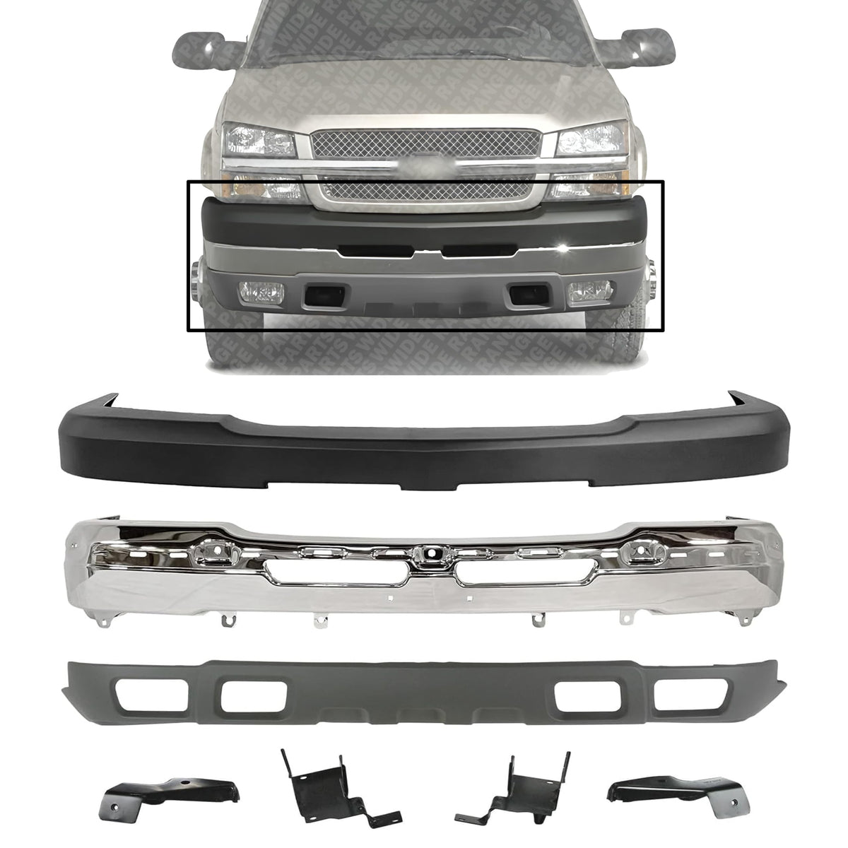 Front Bumper Chrome + Upper Cover + Lower Valance Textured + Brackets Right & Left Side