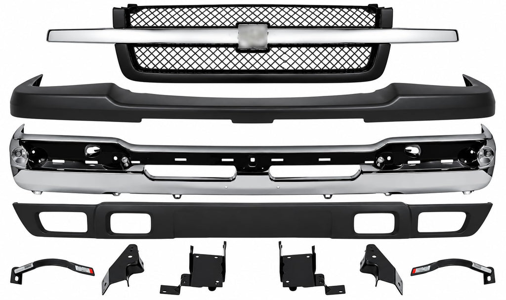 Front Bumper Chrome + Grille Mesh with Chrome Center Bar + Upper Cover + Valance Textured + Bracket Set of 6 for 2002-2006 Chevrolet Avalanche 1500, 2003-2007 Silverado 1500 & More