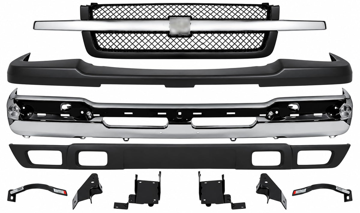 Front Bumper Chrome + Grille Mesh with Chrome Center Bar + Upper Cover + Valance Textured + Bracket Set of 6 for 2002-2006 Chevrolet Avalanche 1500, 2003-2007 Silverado 1500 & More