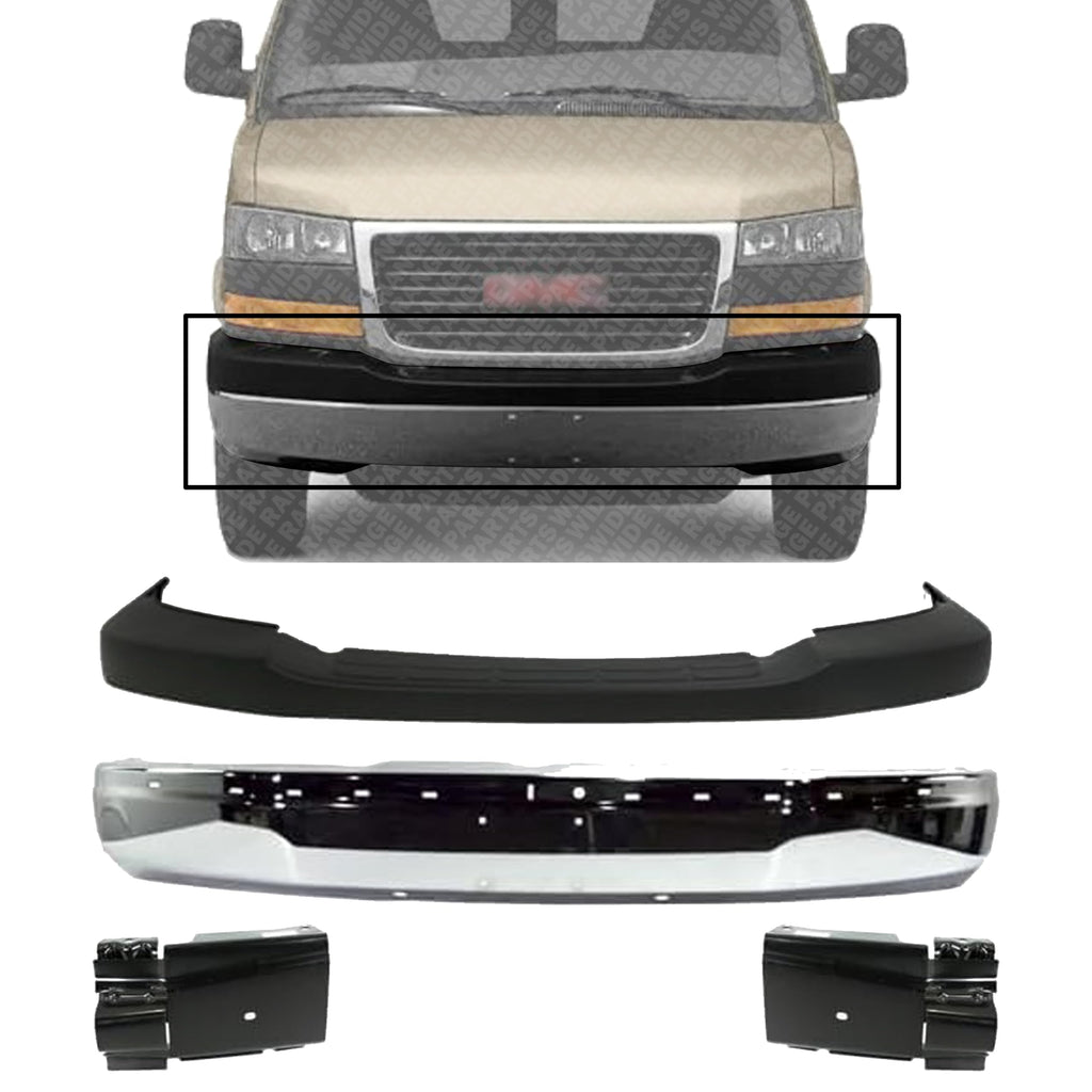 Front Bumper Steel + Upper Cover Textured + Bracket Right & Left Side for 2003-2014 GMC Savana 1500, 2003-2023 Savana 2500 & More