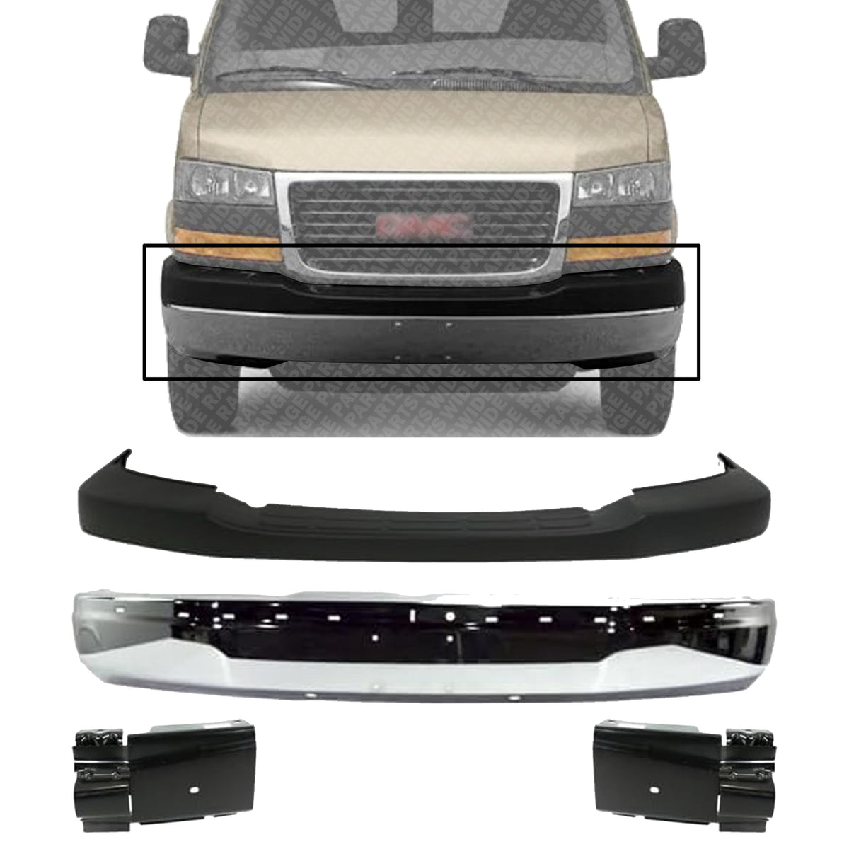 Front Bumper Steel + Upper Cover Textured + Bracket Right & Left Side for 2003-2014 GMC Savana 1500, 2003-2023 Savana 2500 & More