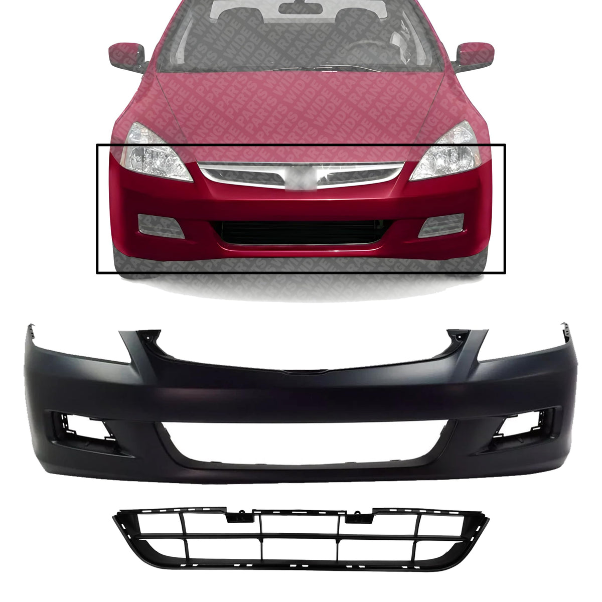 Front Bumper Cover Primed + Center Grille Textured, Sedan for 2006-2007 Honda Accord