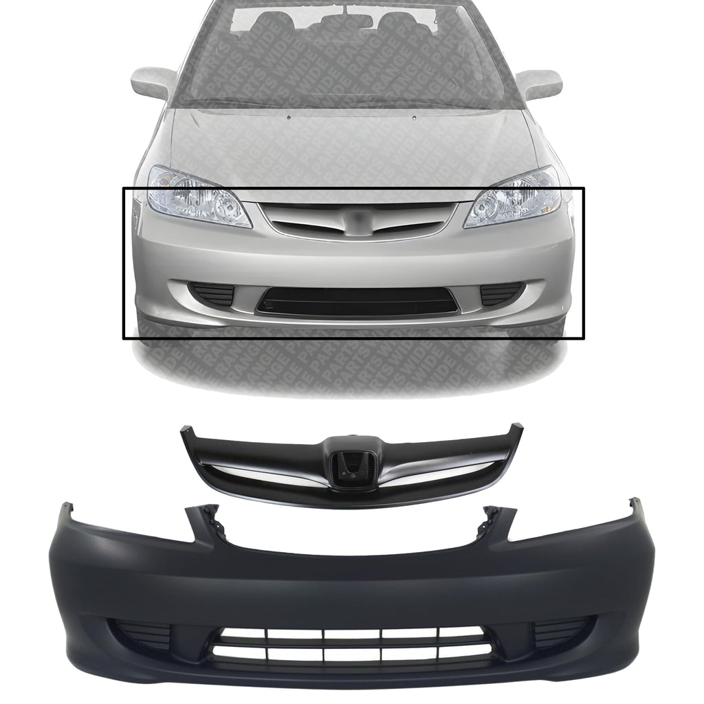 Front Bumper Cover Primed + Grille Painted Black Shell & Insert for 2004-2005 Honda Civic