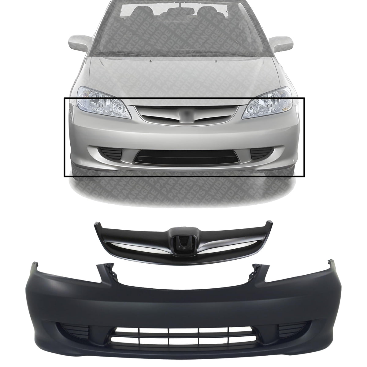 Front Bumper Cover Primed + Grille Painted Black Shell & Insert for 2004-2005 Honda Civic