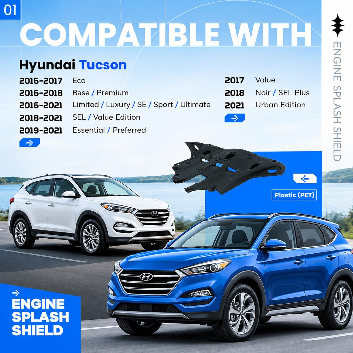 Front Engine Splash Shield Under Cover for 2016-2021 Hyundai Tucson