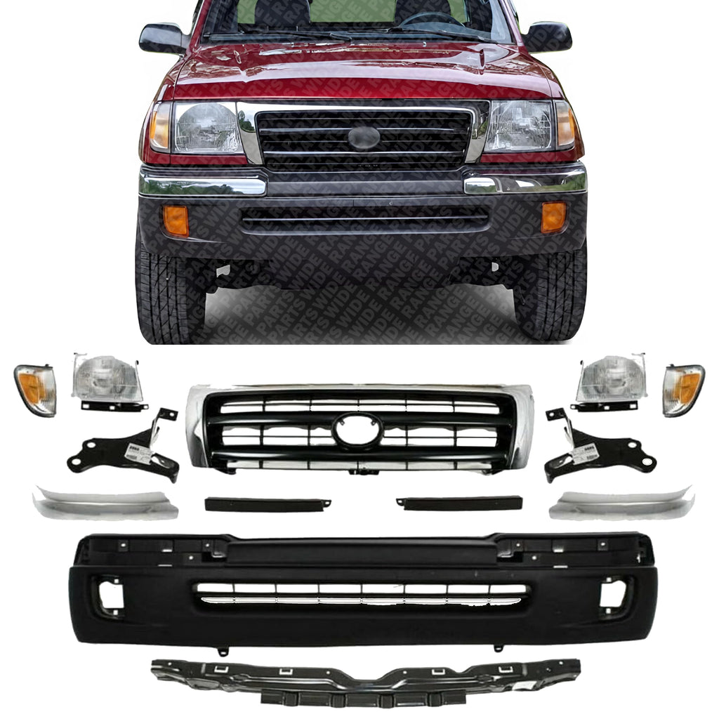 Front Bumper Cover + Reinforcement + Grille + Headlight Filler + Brackets + End Trims + Corner & Head Lights Lh and Rh Side for 1998-2000 Toyota Tacoma