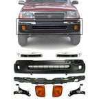Front Bumper Textured + Trims Chrome + Reinforcement + Brackets + Signal Lights Left Driver & Right Passenger Side